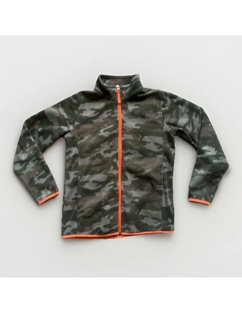 Amazon Essentials Boys L(9/10) Camo Full Zip Fleece Jacket Orange Trim